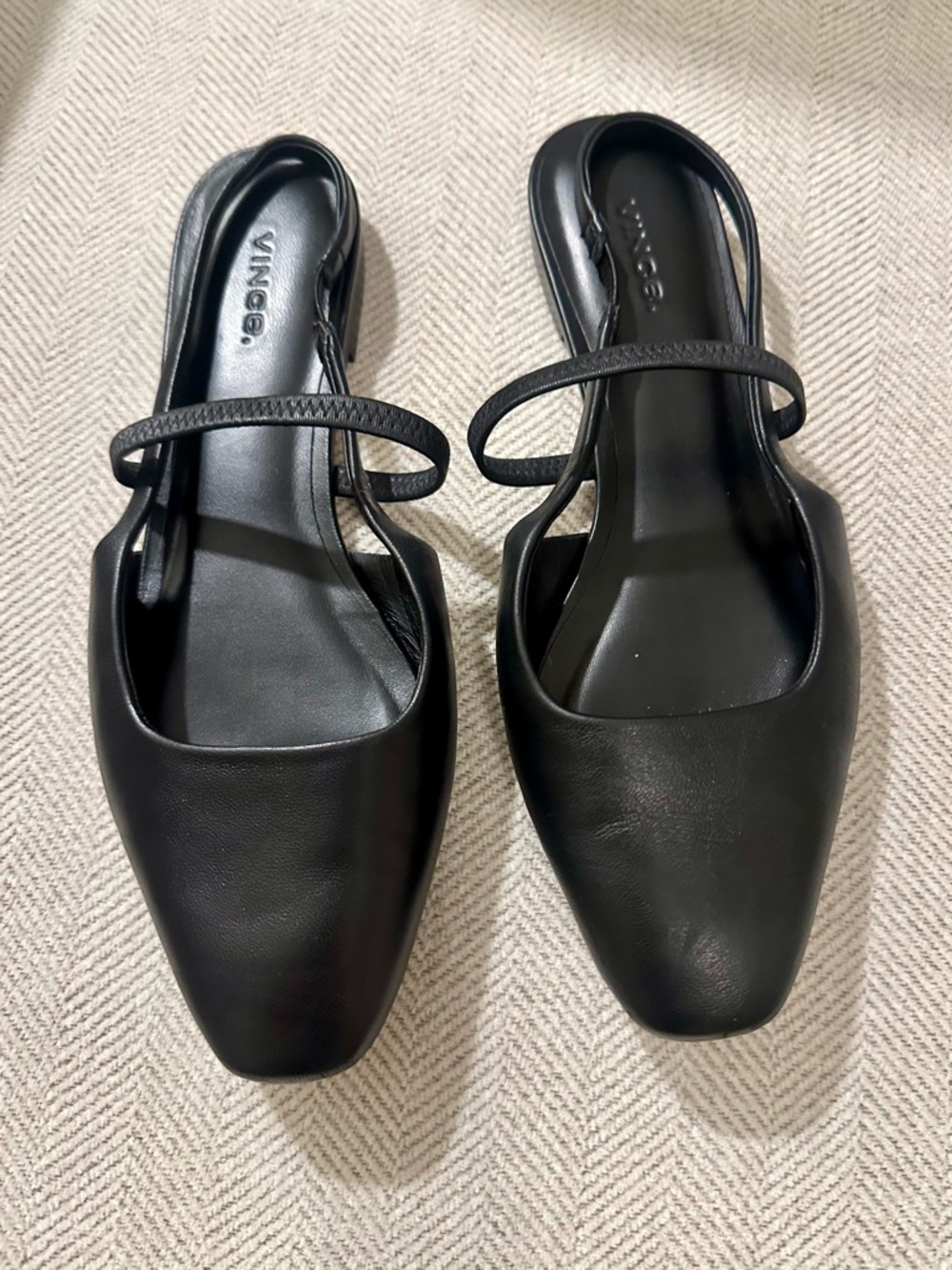 Vince Black Leather Square-Toe Slingback Flats with Thin Strap